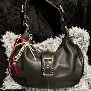 Coach Black Leather Shoulder Bag with Buckle